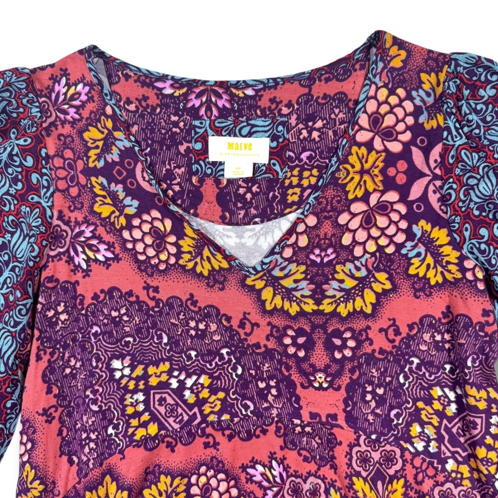 Maeve Anthropologie Top Womens Small Petite‎ Purple Pink Boho Mixed Print Tunic